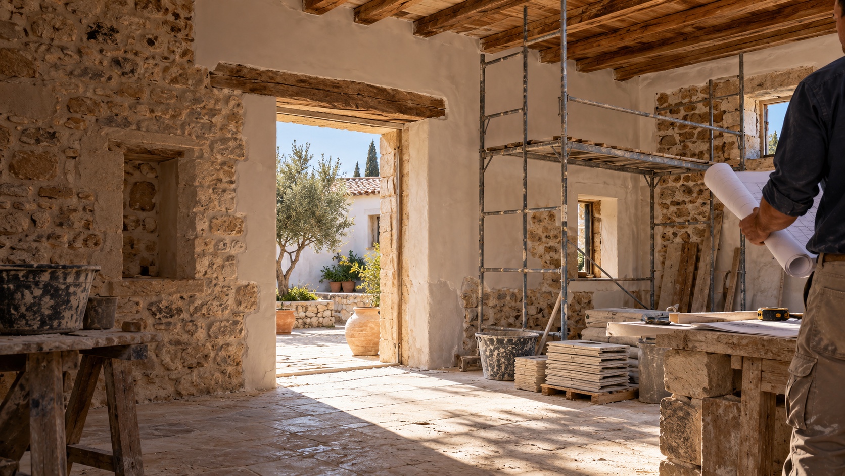 Illustration of a renovation in progress with stonework, scaffolding and project plans