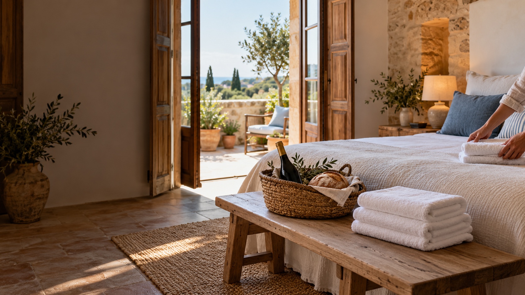 Illustration of fresh linen and a welcome basket being prepared for guests